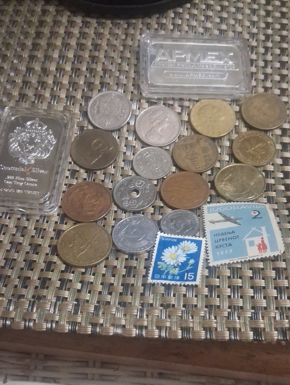 Mixed World Coins and Stamps Collector Lot - Silver & Gold Tones